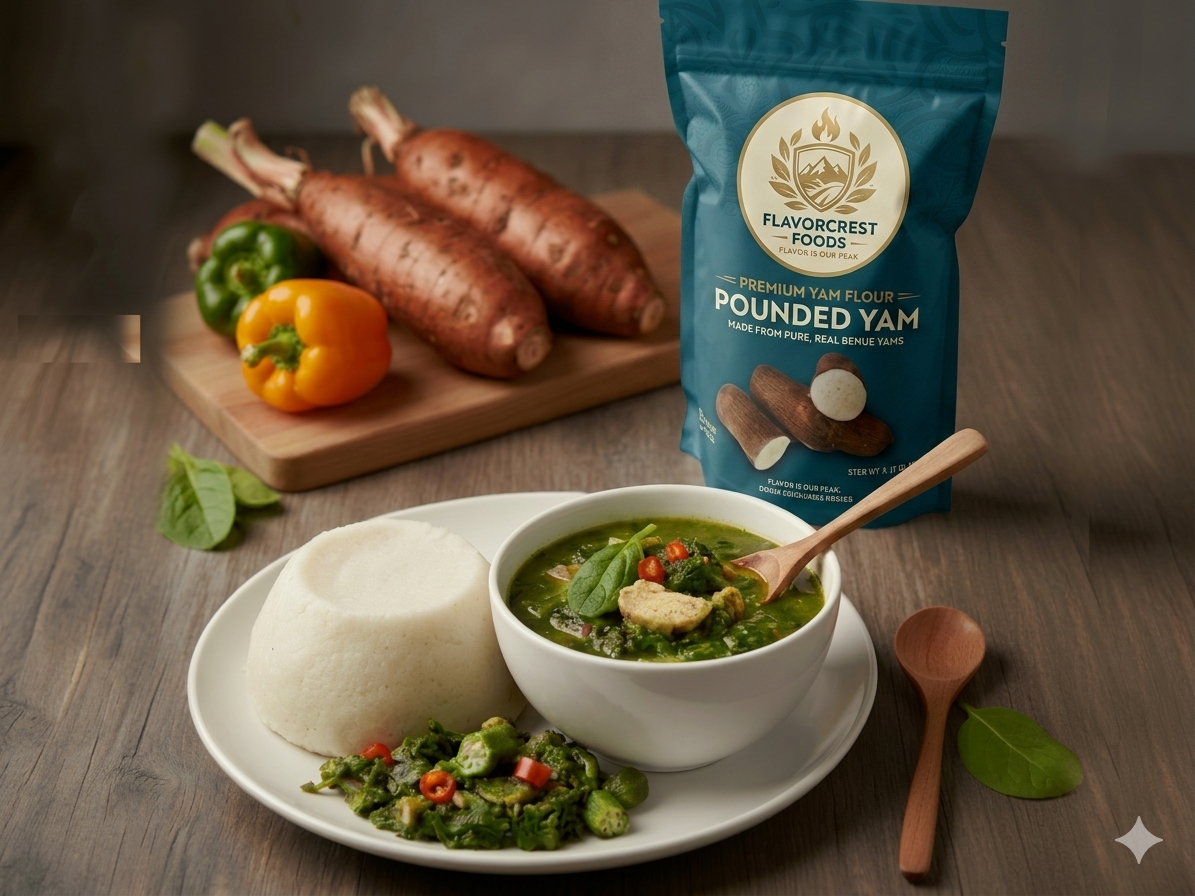 Premium Pounded Yam served with Fresh Vegetable Green Soup
