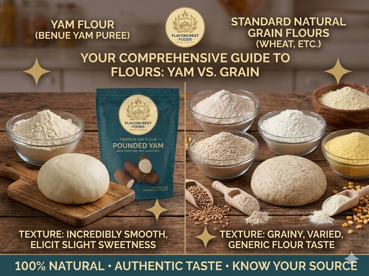 Comparing different types of natural flours in glass bowls